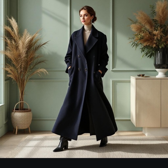 Classic Wool Longline Coat Navy Maxi Double Breasted Quiet Luxury Winter M/L - Picture 3 of 13
